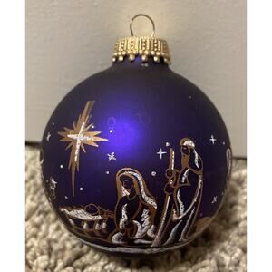 Vintage Krebs Glass Christmas Ornament Nativity Scene Purple/Royal Blue Glitter